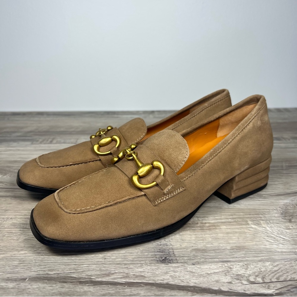 Saint G Jenny Taupe Suede Leather Handcrafted Horse bit Slip On Loafers Size 10